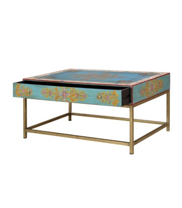 Mesa de Centro Pintada a Mano con Cajón Udaipur, abierto