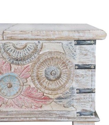 Mesa de Centro Tallada a Mano en Madera de Mango Maharaja, lado