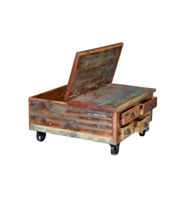 Mesa de Centro con 5 Cajones de Madera Reciclada con Ruedas Edelmira, abierta