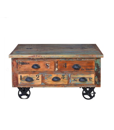 Mesa de Centro con 5 Cajones de Madera Reciclada con Ruedas Edelmira, frente