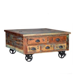 Mesa de Centro con 5 Cajones de Madera Reciclada con Ruedas Edelmira, lado