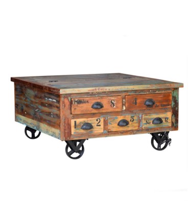 Mesa de Centro con 5 Cajones de Madera Reciclada con Ruedas Edelmira, lado