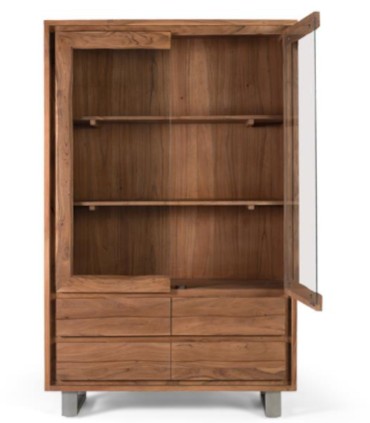 Vitrina de Madera de Acacia Maciza con Cajones y Cristal Oñate de Ambar Muebles, abierto