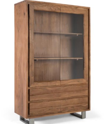 Vitrina de Madera de Acacia Maciza con Cajones y Cristal Oñate de Ambar Muebles, lado