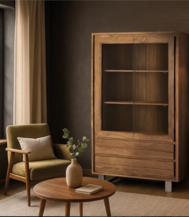Vitrina de Madera de Acacia Maciza con Cajones y Cristal Oñate de Ambar Muebles, ambiente