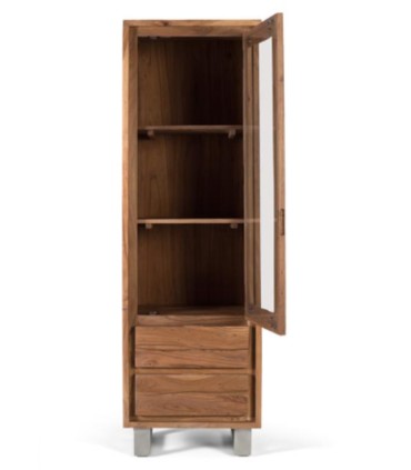 Vitrina de Madera de Acacia Maciza con Cajones y Cristal Oñate, pequeña abierta