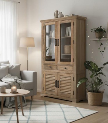Vitrina De Madera De Mango Con Puertas De Cristal, Cajones Y Puertas De Lamas Vega, ambiente