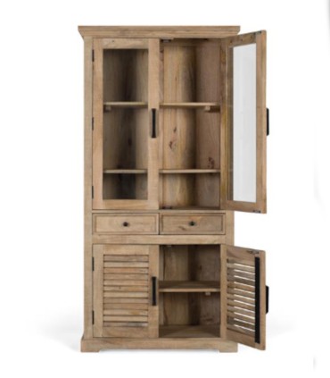 Vitrina De Madera De Mango Con Puertas De Cristal, Cajones Y Puertas De Lamas Vega, abierta
