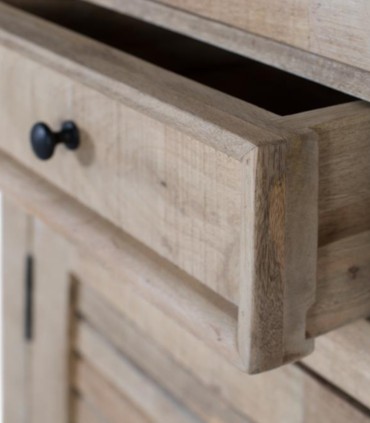 Vitrina De Madera De Mango Con Puertas De Cristal, Cajones Y Puertas De Lamas Vega, abierto