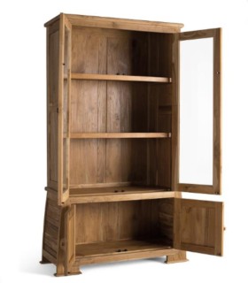 Vitrina De Madera Maciza De Teca Con Puertas De Cristal Y Tallados Artesanales Zenon, abierta