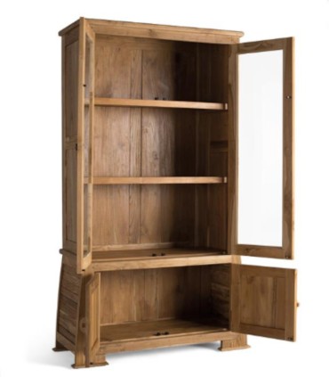 Vitrina De Madera Maciza De Teca Con Puertas De Cristal Y Tallados Artesanales Zenon, abierta