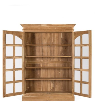 Vitrina de Madera Maciza de Teca con Puertas de Cristal Velmori, abierta