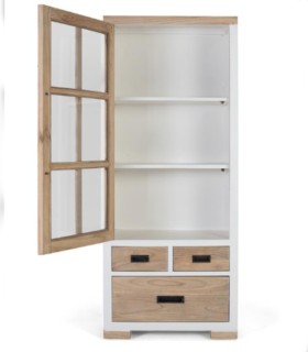 Vitrina de Madera Maciza Mindi con Puerta de Cristal y Cajones Montelongo, abierta