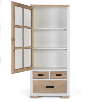 Vitrina de Madera Maciza Mindi con Puerta de Cristal y Cajones Montelongo, abierta
