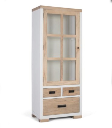 Vitrina de Madera Maciza Mindi con Puerta de Cristal y Cajones Montelongo, lado