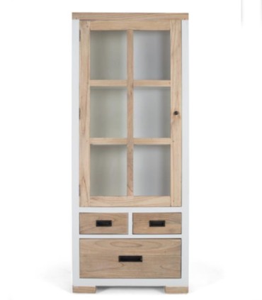 Vitrina de Madera Maciza Mindi con Puerta de Cristal y Cajones Montelongo, frente