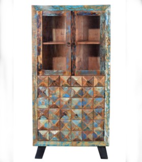 Vitrina de Madera Reciclada con Puertas de Cristal y Cajones Anand, frente