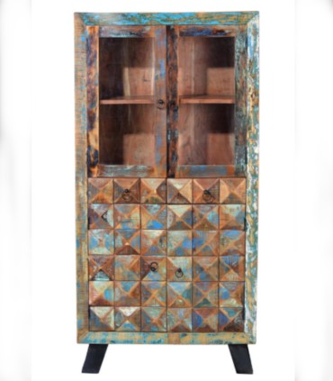 Vitrina de Madera Reciclada con Puertas de Cristal y Cajones Anand, frente