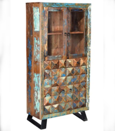 Vitrina de Madera Reciclada con Puertas de Cristal y Cajones Anand, lado