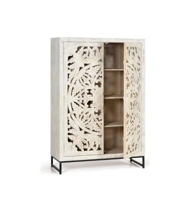 Alacena de Madera de Mango Tallada con 2 Puertas y Base de Hierro Lucky I, abierto