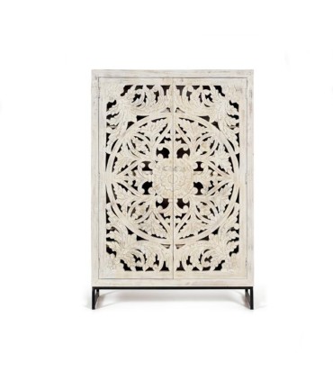 Alacena de Madera de Mango Tallada con 2 Puertas y Base de Hierro Lucky I, frente