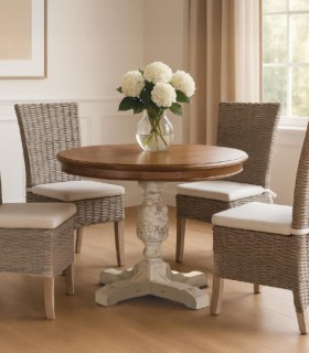 Mesa de Comedor Redonda de Madera de Mango Maciza con Pata Torneada Blanca Prudencio, ambiente