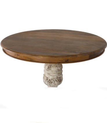 Mesa de Comedor Redonda de Madera de Mango Maciza con Pata Torneada Blanca Prudencio, tapa