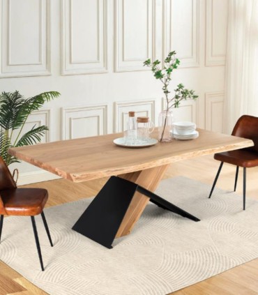 Mesa de Comedor Rectangular de Madera de Acacia Natural y Metal Industrial con Bordes Irregulares Tiberio, ambiente