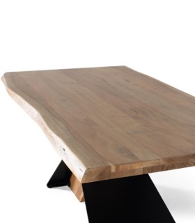 Mesa de Comedor Rectangular de Madera de Acacia Natural y Metal Industrial con Bordes Irregulares Tiberio, arriba