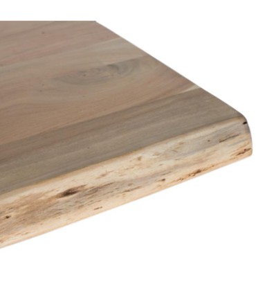 Mesa de Comedor Rectangular de Madera de Acacia Natural y Metal Industrial con Bordes Irregulares Tiberio, detalle tapa