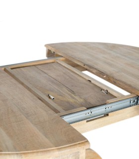 Mesa de Comedor Extensible Redonda de Madera de Mango Natural con Base Torneada Leif, apertura