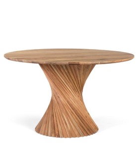 Mesa de Comedor Redonda de Madera de Acacia con Base Espiral Escultural Orion