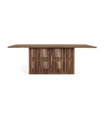 Mesa de comedor de madera maciza con base central de listones Alkeon, frente