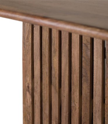 Mesa de comedor de madera maciza con base central de listones Alkeon, detalle
