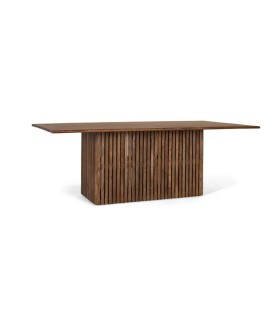 Mesa de comedor de madera maciza con base central de listones Alkeon, lado