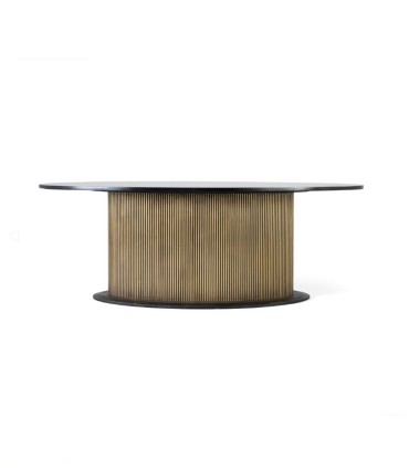 Mesa de Comedor Ovalada Negra en Madera de Mango con Base Dorada Estilo Art Déco Moderno Imperium, frente