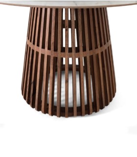 Mesa de Comedor Redonda de Mármol Claro con Base de Madera Estilo Escandinavo Moderno Atlas, detalle pie