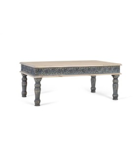 Mesa de Centro de Madera de Mango Tallada a Mano Blanca y Azul Runa, lado