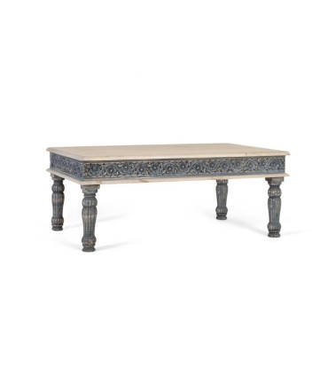 Mesa de Centro de Madera de Mango Tallada a Mano Blanca y Azul Runa, lado