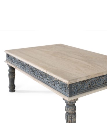 Mesa de Centro de Madera de Mango Tallada a Mano Blanca y Azul Runa, perfil