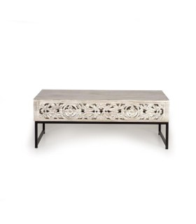 Mesa de Centro de Madera de Mango Tallada y Metal Negro Lucky, frente