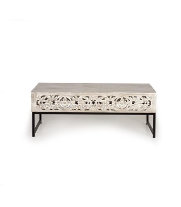Mesa de Centro de Madera de Mango Tallada y Metal Negro Lucky, frente