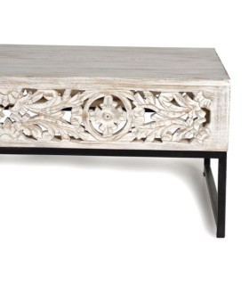 Mesa de Centro de Madera de Mango Tallada y Metal Negro Lucky, detalle