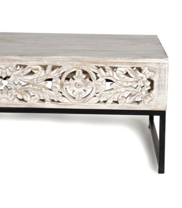 Mesa de Centro de Madera de Mango Tallada y Metal Negro Lucky, detalle