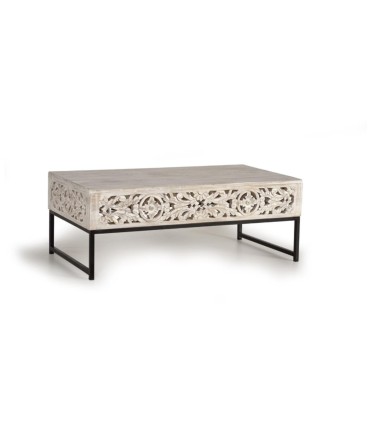 Mesa de Centro de Madera de Mango Tallada y Metal Negro Lucky, lado