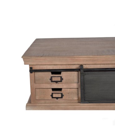 Mesa de Centro Industrial de Madera de Mango con Cajones y Puerta Corredera de Metal Valdenegro, detalle