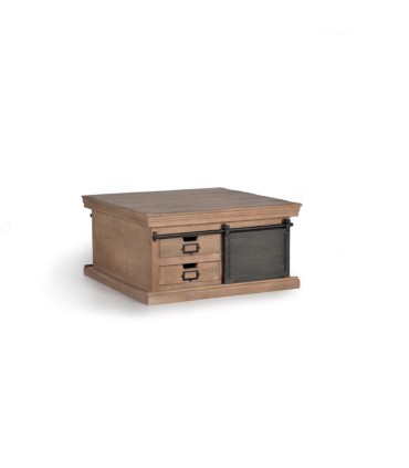 Mesa de Centro Industrial de Madera de Mango con Cajones y Puerta Corredera de Metal Valdenegro, el otro lado