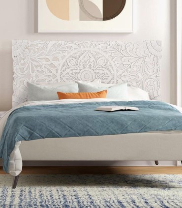 Cabecero Decorativo Blanco Tallado a Mano Mayab, ambiente para cama 150 cm