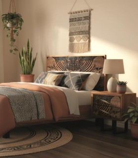Cabecero de Madera Maciza de Acacia Tallado Artesanal Nicte, ambiente