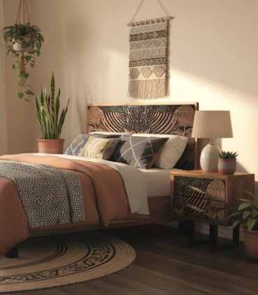 Cabecero de Madera Maciza de Acacia Tallado Artesanal Nicte, ambiente